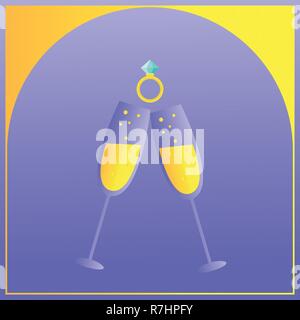Luxury wedding invitation card with creative vector for Celebration event. Wallpaper with two transparent glasses of Champagne, wedding ring illustration Stock Vector
