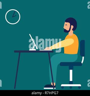 A man sits on the workplace at the office. Vector illustration in a flat style Stock Vector