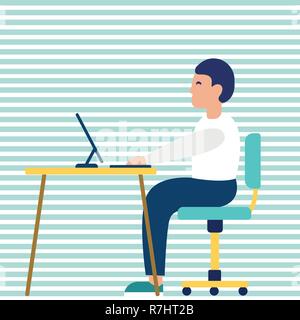 Business man entrepreneur in a suit working on a laptop computer at his clean and sleek office desk. Flat style vector Stock Vector