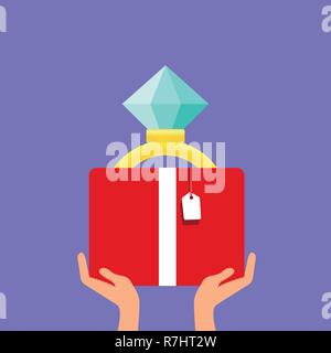 Two men s hands holds a jewelry box with a wedding ring with a big shining diamond. Make a marriage proposal. Wedding concept. Isolated vector Stock Vector