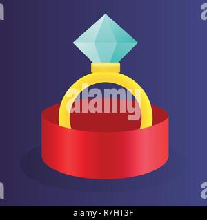 Gift box with colorful engagement ring. Proposal jewelry present. Greeting card design. Flat style. Stock Vector