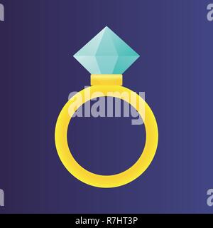 Shiny jeweled golden ring. Diamond engagement and wedding ring. Flat design Stock Vector
