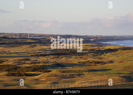 Kings Links Golf Course by Aberdeen Beach in the golden Light of an Autumn Evening. View from Broad Hill. Scotland, UK. Stock Photo