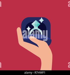 Proposal marriage, vector illustration flat design. Man is holding in hand an open box with a wedding ring and diamond. Stock Vector