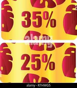 Discount Coupon, Voucher vector. Background template with gold, red background, modern leaves pattern. Save money tag 35 off, 25 off. Promo voucher design, Gift card Stock Vector