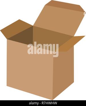 Empty open cardboard box isolated on white background. Side view. Brown carton shipping box flat vector Stock Vector
