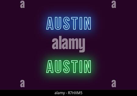 Neon name of Austin city in USA. Vector text of Austin, Neon inscription with backlight in Bold style, blue and green colors. Isolated glowing title f Stock Vector