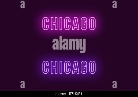 Neon name of Chicago city in USA. Vector text of Chicago, Neon inscription with backlight in Bold style, purple and violet colors. Isolated glowing ti Stock Vector