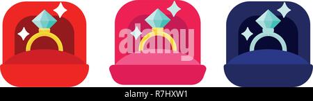 Engagement Diamond Golden Rings in Red, Pink, and Blue Ring Boxes Set Stock Vector