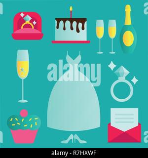 Traditional wedding icons set with engaged couple and bridal party accessories abstract isolated vector illustration Stock Vector