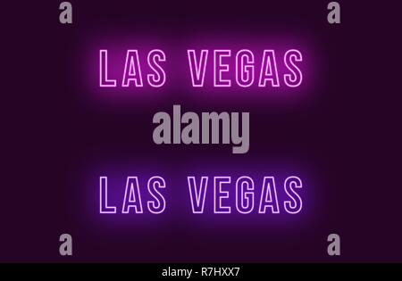 Neon name of Las Vegas city in USA. Vector text of Las Vegas, Neon inscription with backlight in Bold style, purple and violet colors. Isolated glowin Stock Vector