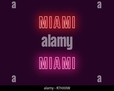 Neon name of Miami city in USA. Vector text of Miami, Neon inscription with backlight in Bold style, red and pink colors. Isolated glowing title for d Stock Vector