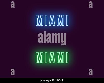 Neon name of Miami city in USA. Vector text of Miami, Neon inscription with backlight in Bold style, blue and green colors. Isolated glowing title for Stock Vector