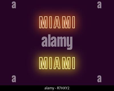 Neon name of Miami city in USA. Vector text of Miami, Neon inscription with backlight in Bold style, orange and yellow colors. Isolated glowing title  Stock Vector