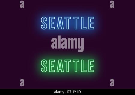 Neon name of Seattle city in USA. Vector text of Seattle, Neon inscription with backlight in Bold style, blue and green colors. Isolated glowing title Stock Vector