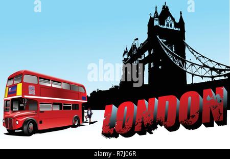 3D word London on Tower bridge and double-decker bus images. Vector illustration Stock Vector