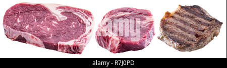 Ribeye raw and cooked steaks or beef steak on white background. File contains clipping path. Stock Photo
