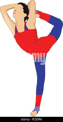 Woman practicing Yoga excercise. Vector Illustration of girl in Dancer's Pose isolated on white background. Stock Vector