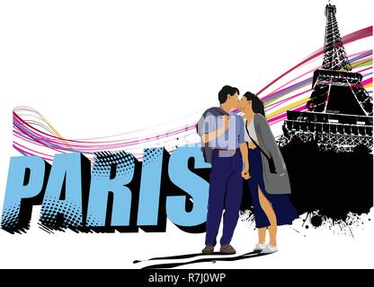 3D word Paris on the Eiffel tower grunge background with kissing couple. Vector illustration Stock Vector