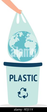 Earth in a plastic bag. Ecology conversation. Eco catastrophe. Segregation and recycling. Flat editable vector illustration, clip art Stock Vector