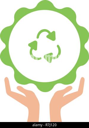 Open arms with recycling sign glyph color icon. Pollution prevention. Silhouette symbol. Waste recycling. Negative space. Raster isolated illustration Stock Vector