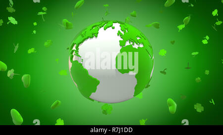 St Patrick's Day planet - 3D Computer generated illustration of Earth surrounded by green hearts and shamrocks Stock Photo