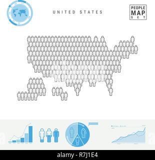 United States People Icon Map. Stylized Vector Silhouette of USA. Population Growth and Aging Infographic Elements