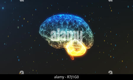 Digital computer brain 3D render floating in cloud of numerical information background illustrating the concepts of Big Data and AI Stock Photo