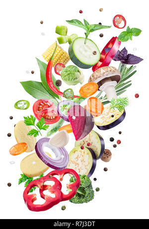 Flying fresh vegetables on white background. Flying motion effect. File contains clipping path. Stock Photo