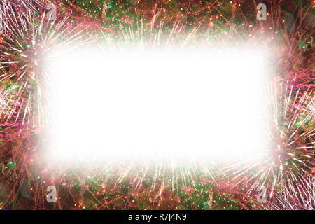 Colorful fireworks with white rectangle copy space in the middle Stock Photo