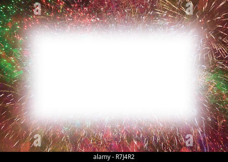 Rectangle Fireworks Colorful fireworks with white rectangle glowing edges copy space in the ...
