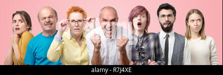 Collage od several men and women portraits. Different facial reaction on situation. Stock Photo