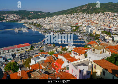 View of the city and the Sea from the Byzantine fortress in the old town of Kavala,  Macedonia, Greece Stock Photo