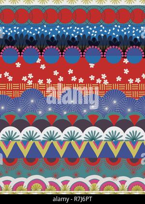 Japanese tribal vector pattern red blue white teal Stock Vector