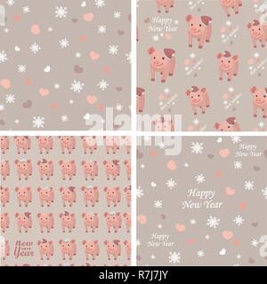 Vector set collection. Seamless patterns with pigs, snowflakes and hearts on a beige background. Stock Vector