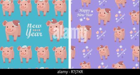 Vector set collection. Seamless patterns with pigs on blue and purple backgrounds Stock Vector