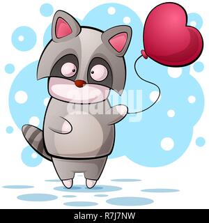 Cute cartoon raccon character. Air balloon illustration. Stock Vector