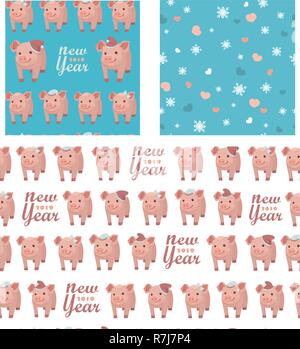 Vector set collection. Seamless patterns with pigs, snowflakes and hearts. New year 2019. Stock Vector