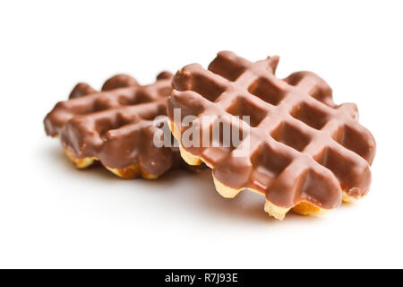 Waffles with chocolate topping isolated on white background. Stock Photo