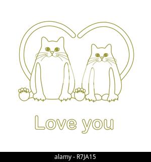 Vector illustration of two cats with heart shaped tails. Love, romantic concept. Happy Valentine's Day. Design for greeting card, party card, banner,  Stock Vector