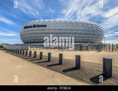 MUNICH, GERMANY - 14 AUGUST 2017: Entrance to Allianz Arena stadium square Munich, Germany. The Allianz Arena is the home football stadium for FC Baye Stock Photo
