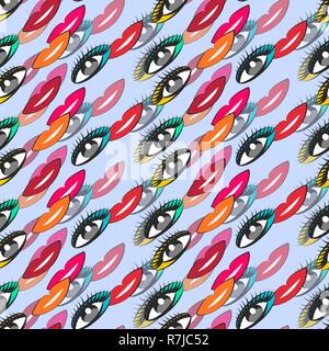 Cute seamless colorful pattern with eyes and lips Stock Vector