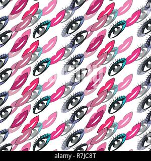 Cute seamless colorful pattern with eyes and lips Stock Vector