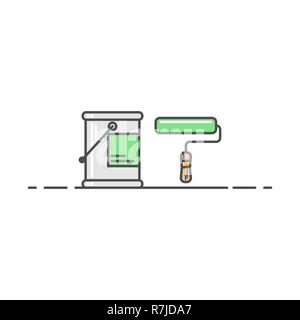 A can of green paint in line style. Paint roller in paint with a flare. Tool for construction or repair work. Art craft object. Stock Vector