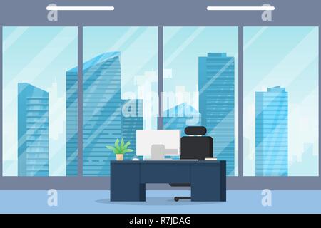 Office interior modern flat vector illustration. Business table with computer monitor and leather chair. Big window with skyscrapers on background and Stock Vector