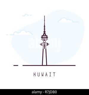 Kuwait city line style illustration. Big and famous Liberty tower in Kuwait . Arabic architecture city symbol of Kuwait. Outline building vector illus Stock Vector