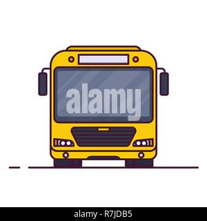 Front view of big yellow city bus. Line style vector illustration. Vehicle and transport banner. Modern public transportation vehicle. Front view bus. Stock Vector
