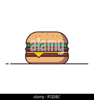 Hamburger line style vector illustration. Fastfood concept banner. Cheeseburger menu in cafe. Tasty american classic fast food burger image. Outline f Stock Vector