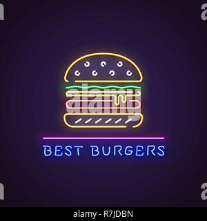 Hamburger neon sign. Glowing neon sign of big burger. best hamburgers letters glowing in retro colors. Fast food restaurant concept. Stock Vector