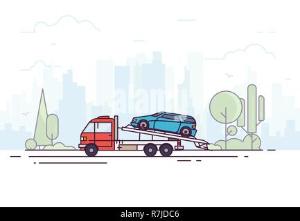 City tow truck on city road. Urban background, skyscrapers and buildings, park and trees. Emergency assistance on the road concept with city backgroun Stock Vector